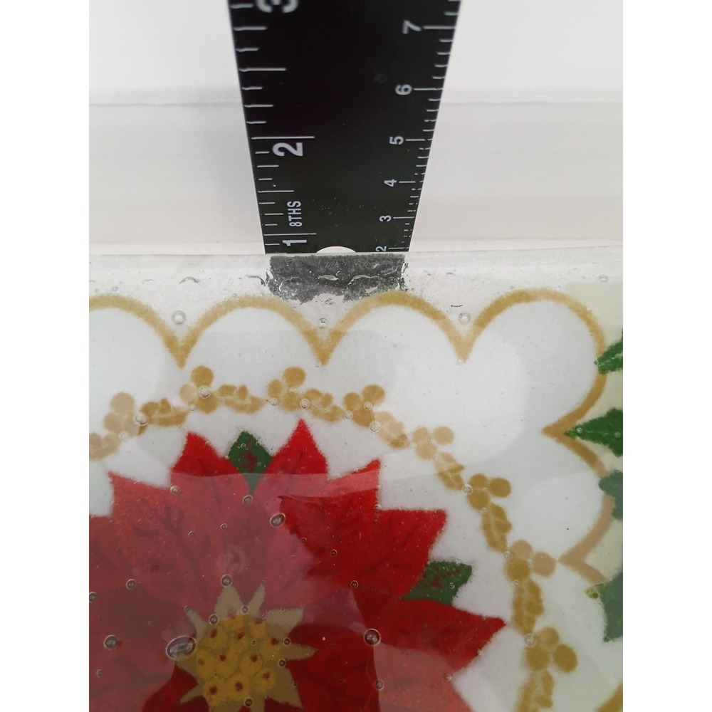 Peggy Karr Fused Glass Poinsettia Rectangular Tray Christmas Holly 9.5x5.5 NIB - Picture 4 of 6